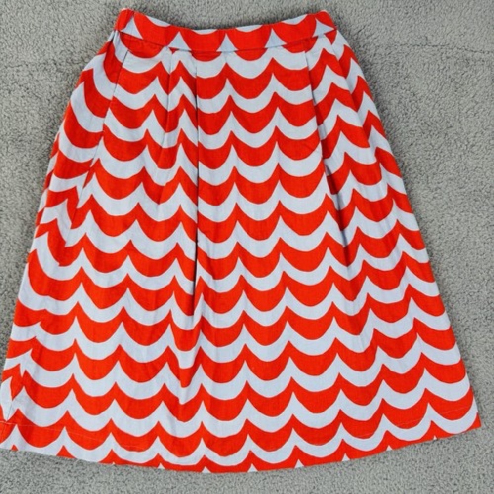 Marimekko x Uniqlo Midi Skirt L Blue Orange Scalloped Wavy Stripe Linen Cotton